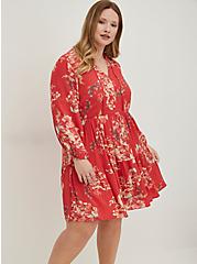 Plus Size Voluminous Dress - Crinkle Gauze Floral Red, FLORAL - RED, alternate