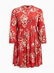 Plus Size Voluminous Dress - Crinkle Gauze Floral Red, FLORAL - RED, hi-res