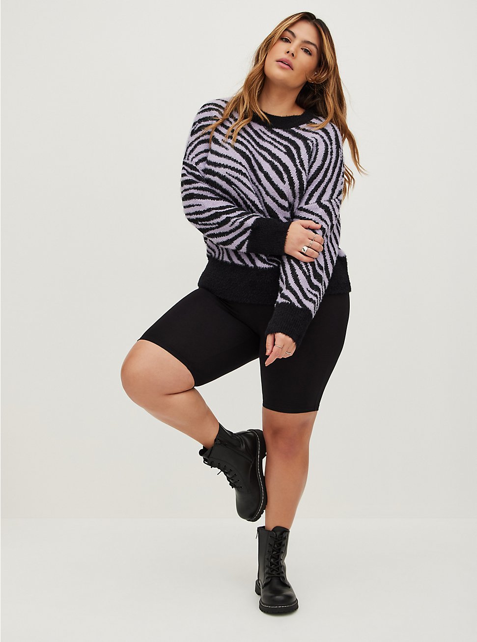 Plus Size Drop Shoulder Pullover Sweater - Eyelash Yarn Wave Zebra, MULTI, hi-res