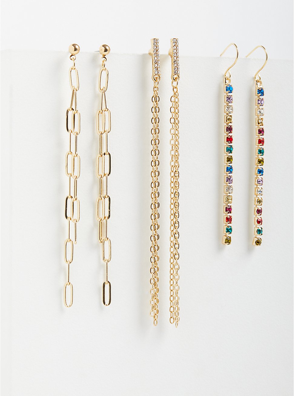 Multi Color Gem & Link Linear Earrings - Gold Tone , , hi-res