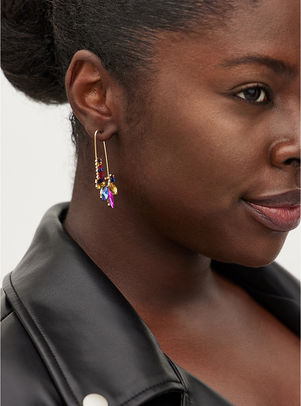 Multi Color Gem Safety Pin Earring - Gold Tone, , hi-res
