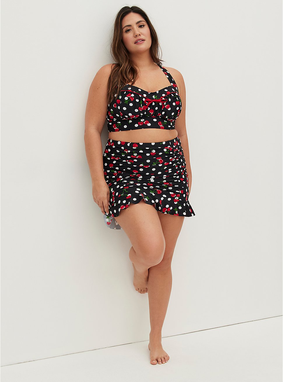 Retro Chic Ruffle Hem Swim Skirt - Cherries Print, BING CHERRY, hi-res