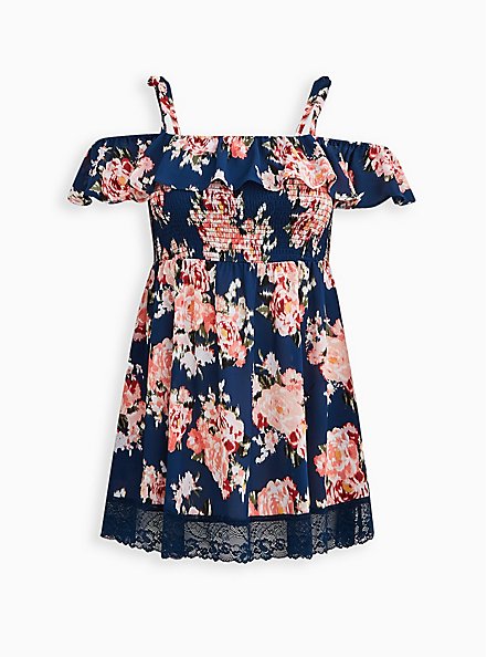 Plus Size Ruffle Lace Trim Swim Coverup Dress - Ikat Floral Blue, NICE IKAT FLORAL, hi-res