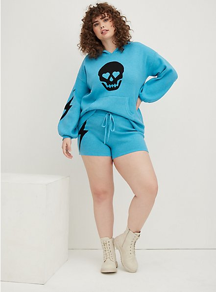 Crop Sweater Hoodie - Luxe Cozy Lovesick Skull Turquoise, TURQUOISE, alternate