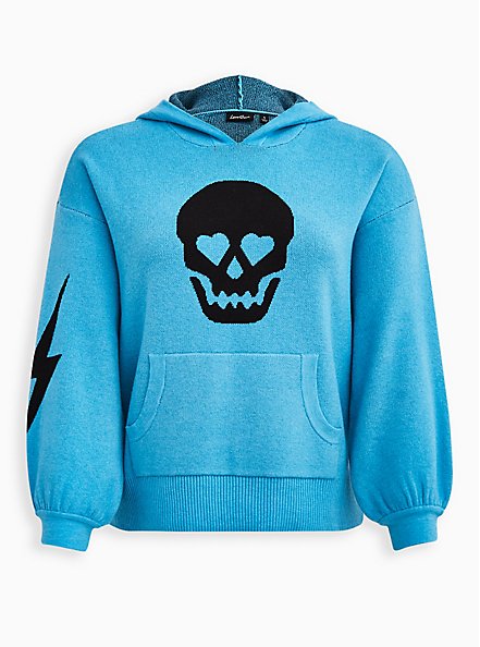 Crop Sweater Hoodie - Luxe Cozy Lovesick Skull Turquoise, TURQUOISE, hi-res
