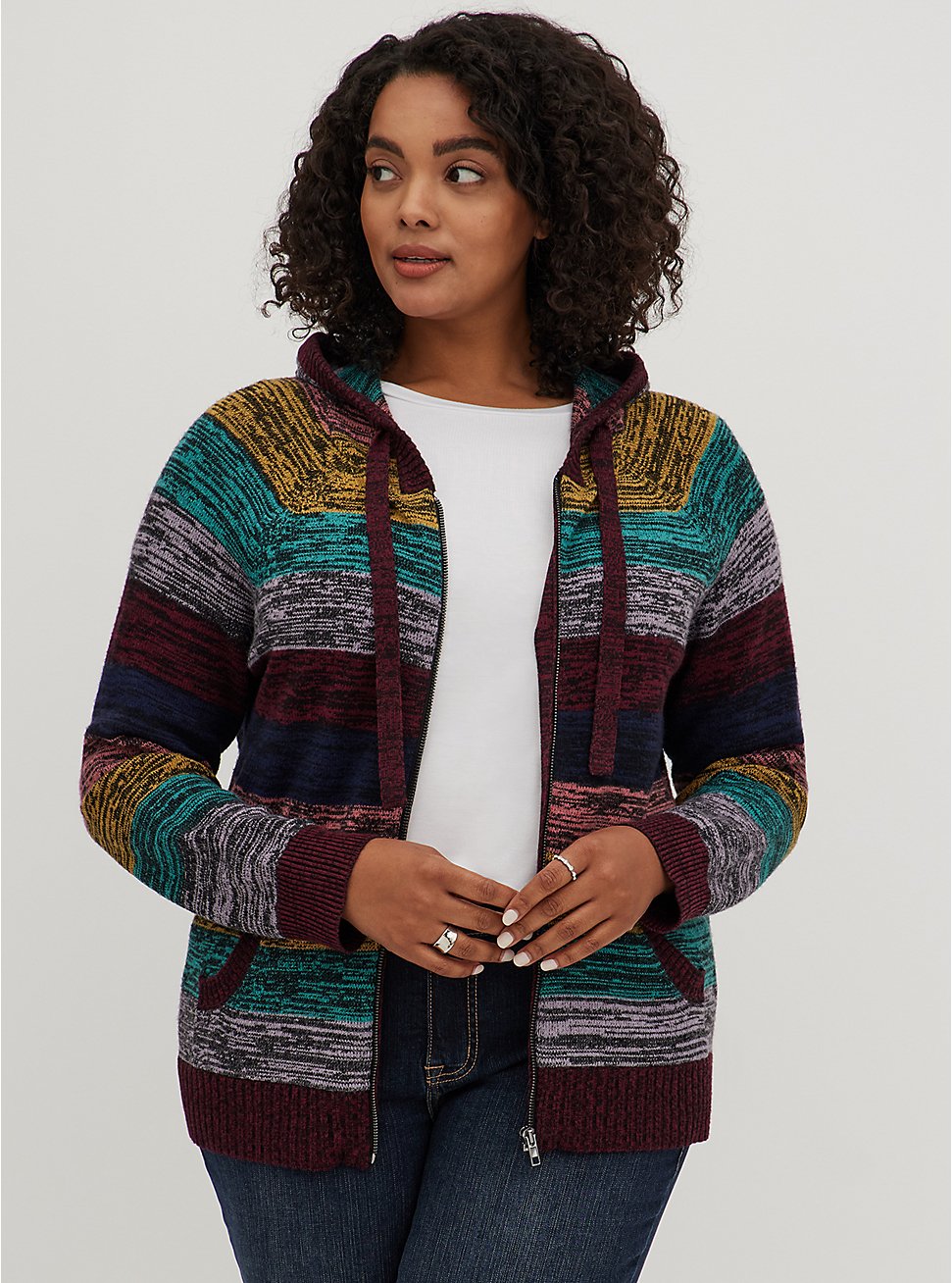 Plus Size Raglan Zip Sweater Hoodie - Ultra Soft Multi Stripe , MULTI STRIPE, hi-res