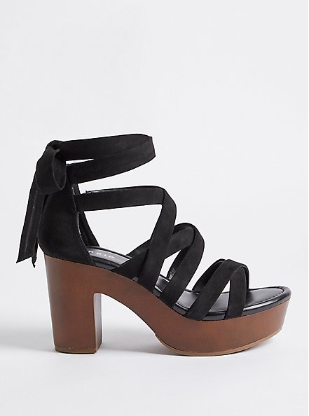 Plus Size Ankle Wrap Wood Heel Shoe - Faux Suede Black (WW), BLACK, alternate