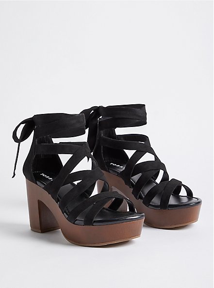 Plus Size Ankle Wrap Wood Heel Shoe - Faux Suede Black (WW), BLACK, hi-res