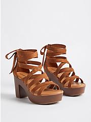 Plus Size Ankle Wrap Wood Heel Shoe - Faux Suede Brown (WW), BROWN, hi-res