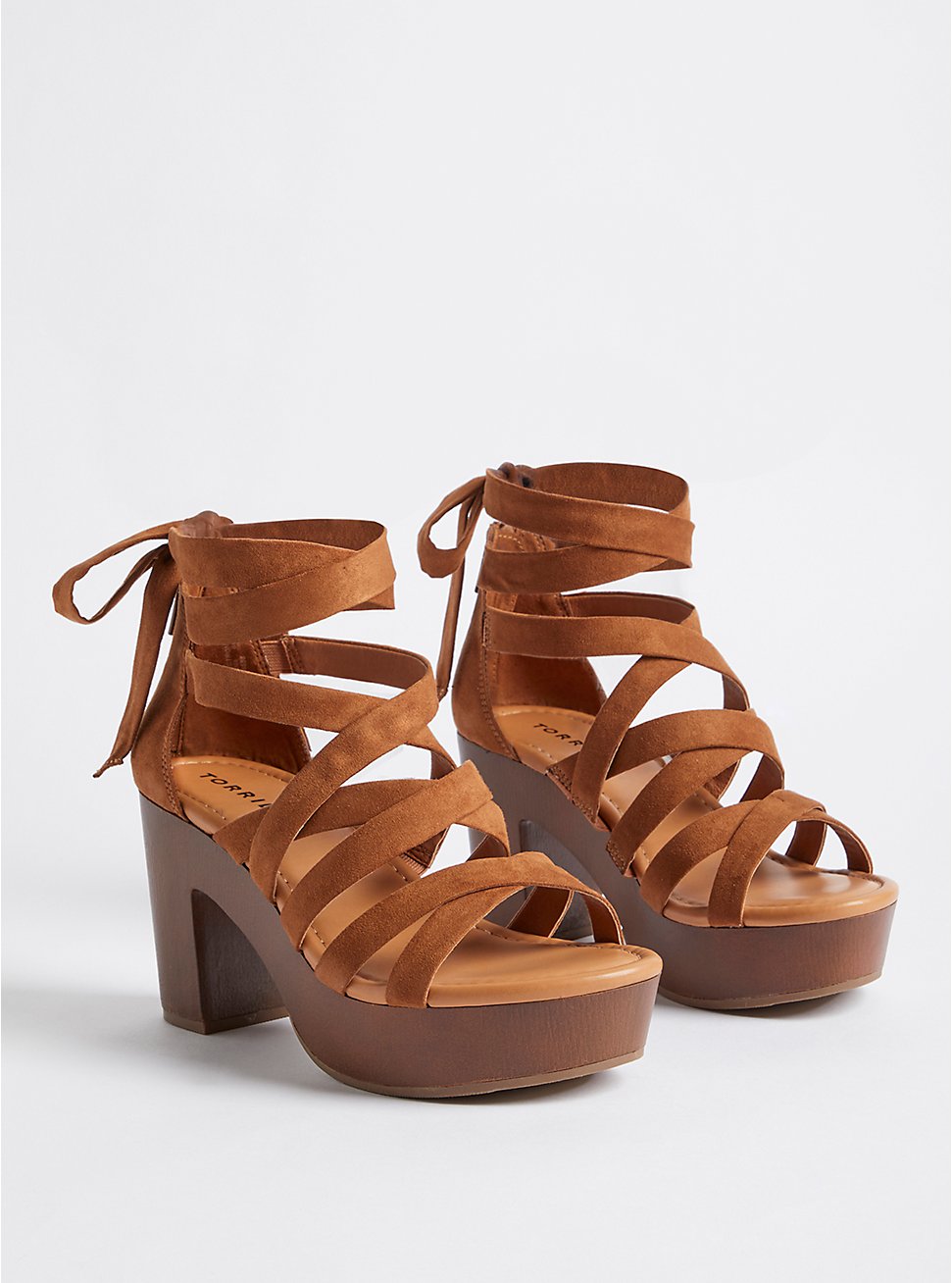 Plus Size Ankle Wrap Wood Heel Shoe - Faux Suede Brown (WW), BROWN, hi-res
