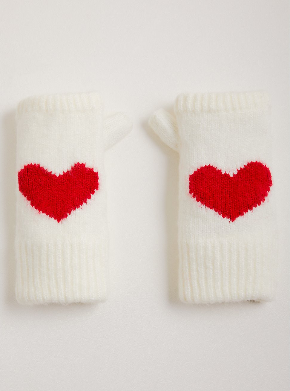 Plus Size Knit Fingerless Gloves - Hearts Ivory, , hi-res