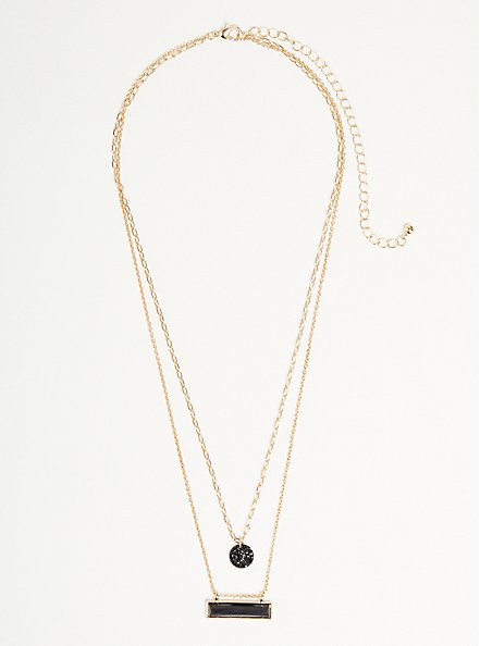 Layered Necklace with Black Bar & Disc - Gold Tone, , hi-res