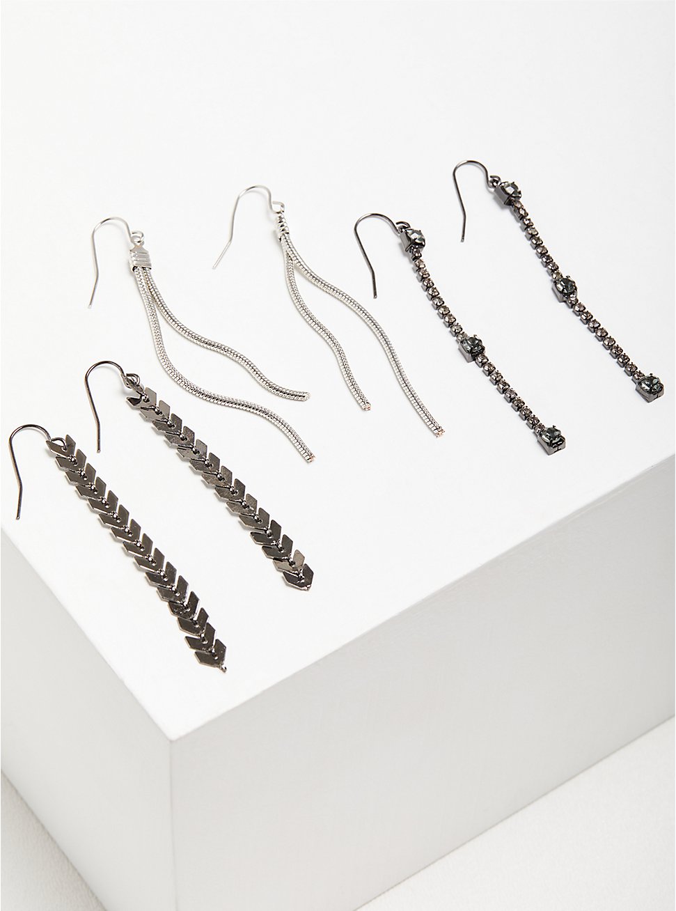 Plus Size Chain Linear Earring Set of 3 - Black & Silver Tone, , hi-res