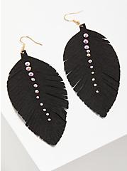 Feather with Rhinestone Earring - Black Faux Suede, , hi-res