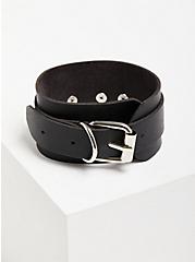 Plus Size Heart Buckle Bracelet - Black Faux Leather , BLACK, alternate