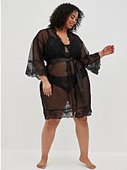 Plus Size Kimono Sleeve Midi Robe - Dot Lace Black, RICH BLACK, alternate