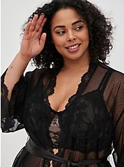 Plus Size Kimono Sleeve Midi Robe - Dot Lace Black, RICH BLACK, alternate