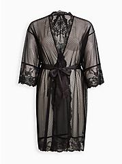 Plus Size Kimono Sleeve Midi Robe - Dot Lace Black, RICH BLACK, hi-res