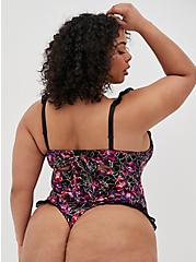Underwire Thong Ruffle Bodysuit - Satin Floral Black, WATER OUTLINE FLORAL, alternate