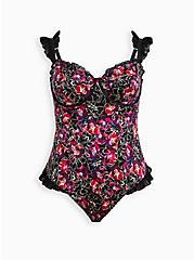 Underwire Thong Ruffle Bodysuit - Satin Floral Black, WATER OUTLINE FLORAL, hi-res
