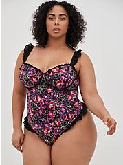 Underwire Thong Ruffle Bodysuit - Satin Floral Black, WATER OUTLINE FLORAL, hi-res