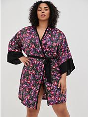 Kimono Sleeve Midi Robe - Satin Floral Black, WATER OUTLINE FLORAL, alternate