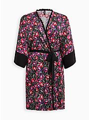 Kimono Sleeve Midi Robe - Satin Floral Black, WATER OUTLINE FLORAL, hi-res
