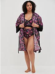 Kimono Sleeve Midi Robe - Satin Floral Black, WATER OUTLINE FLORAL, hi-res