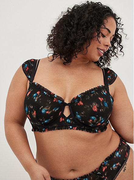 Plus Size Unlined Underwire Bra - Mesh Ruffle Floral, SWEET IKAT FLORAL, hi-res