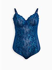 Plus Size Unlined Underwire Thong Bodysuit - Lace Sea Blue, POSEIDON, hi-res