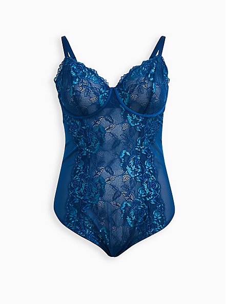 Unlined Underwire Thong Bodysuit - Lace Sea Blue, , hi-res