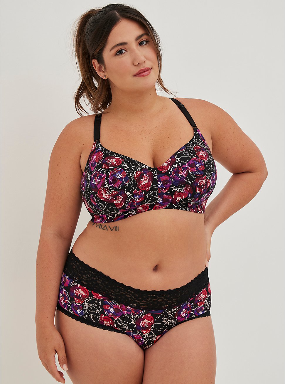 Plus Size Wide Lace Trim Cheeky Panty - Second Skin Floral Purple, WATER OUTLINE FLORAL, hi-res