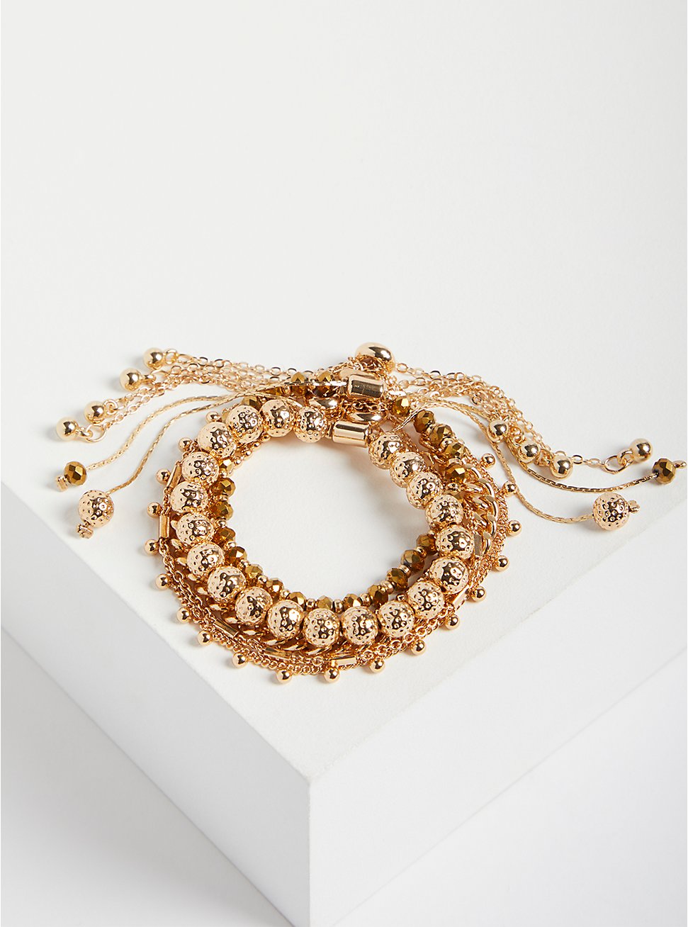 Plus Size Pull Clasp Bead & Sparkle Bracelet - Gold Tone , , hi-res