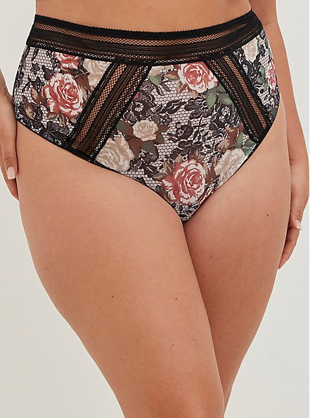 Cut-Out High Waist Thong Panty - Mesh Floral Black, LACEY ROSE FLORAL, alternate