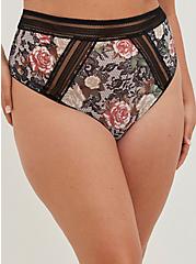 Plus Size Cut-Out High Waist Thong Panty - Mesh Floral Black, LACEY ROSE FLORAL, alternate