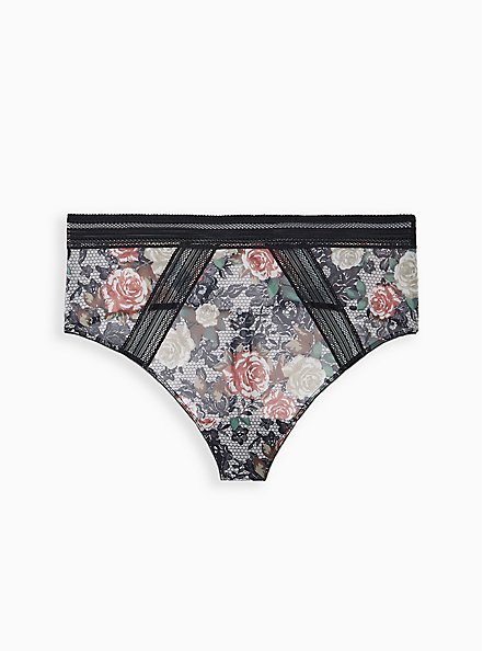 Cut-Out High Waist Thong Panty - Mesh Floral Black, LACEY ROSE FLORAL, hi-res