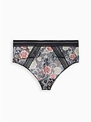 Plus Size Cut-Out High Waist Thong Panty - Mesh Floral Black, LACEY ROSE FLORAL, hi-res