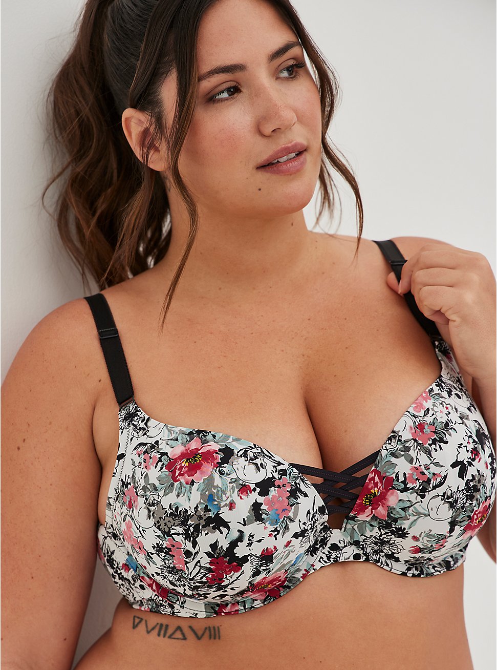 Plus Size XO Push-Up Plunge Bra - Microfiber Floral Skulls White with 360° Back Smoothing™, CAREFREE FLORAL SKULL, hi-res