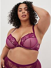 Front-Closure Push-Up Plunge Bra - Dotted Lace Purple with Racerback, PLUM CASPIA, hi-res
