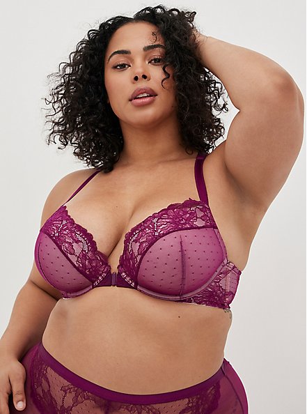 Front-Closure Push-Up Plunge Bra - Dotted Lace Purple with Racerback, PLUM CASPIA, hi-res