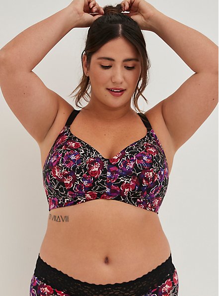 Lightly Lined Wire-Free Bra - Microfiber Floral Purple with Racerback, WATER OUTLINE FLORAL, hi-res