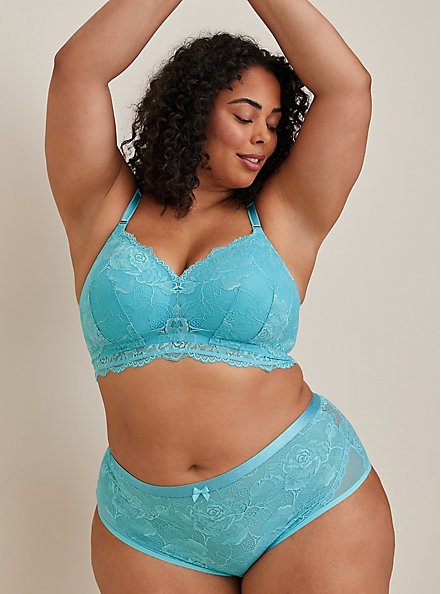 Plus Size Lightly Lined Longline Wire-Free Bra - Lace Sea Blue with 360° Back Smoothing™, SEA JET BLUE, alternate