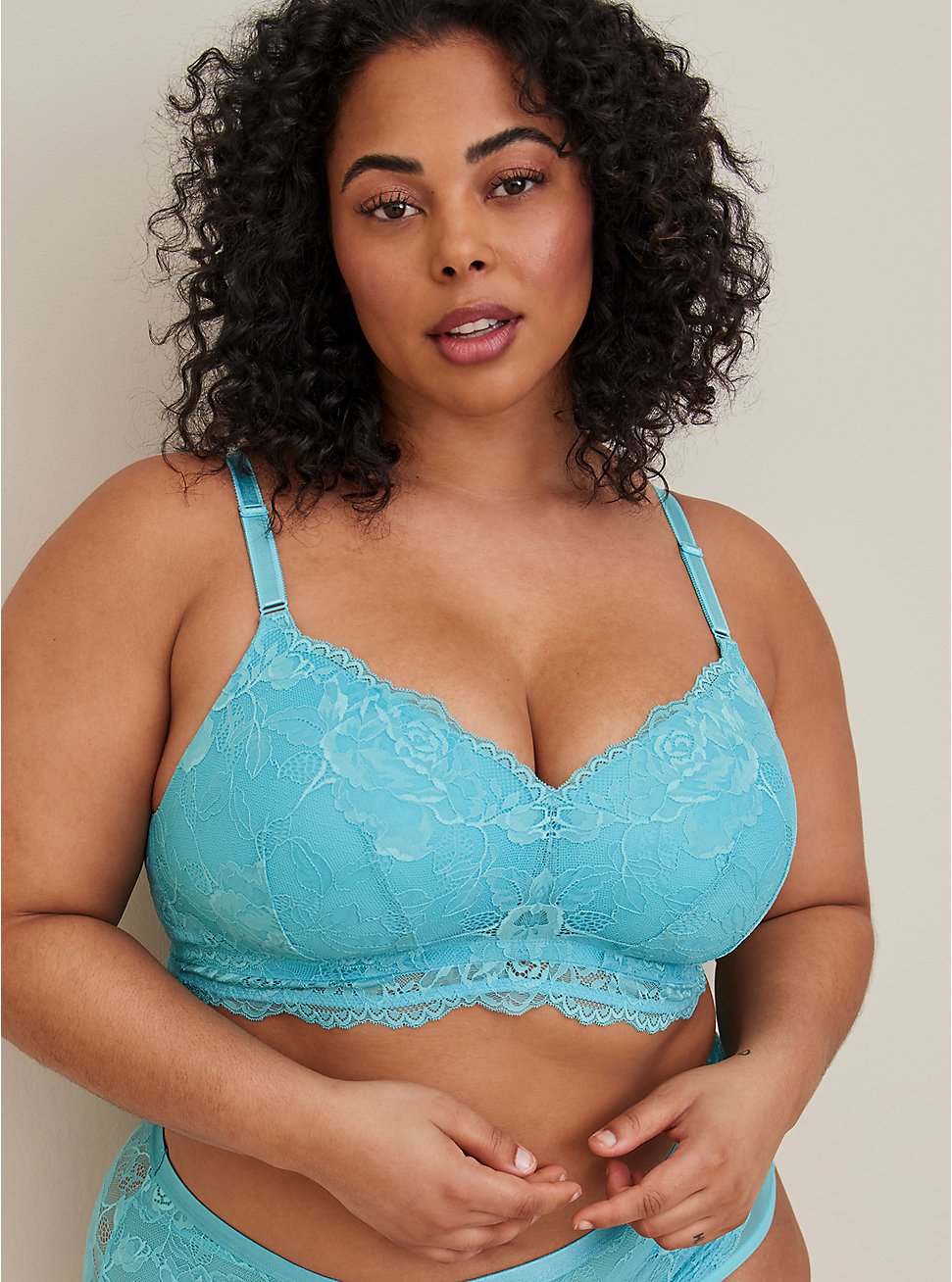 Plus Size Lightly Lined Longline Wire-Free Bra - Lace Sea Blue with 360° Back Smoothing™, SEA JET BLUE, hi-res