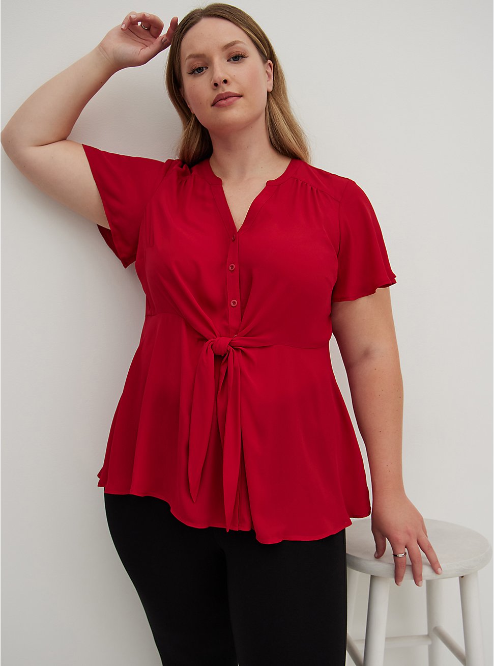 Tie Front Blouse - Georgette Red, JESTER RED, hi-res