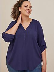 Harper Pullover Blouse - Textured Stretch Rayon Navy, PEACOAT, hi-res
