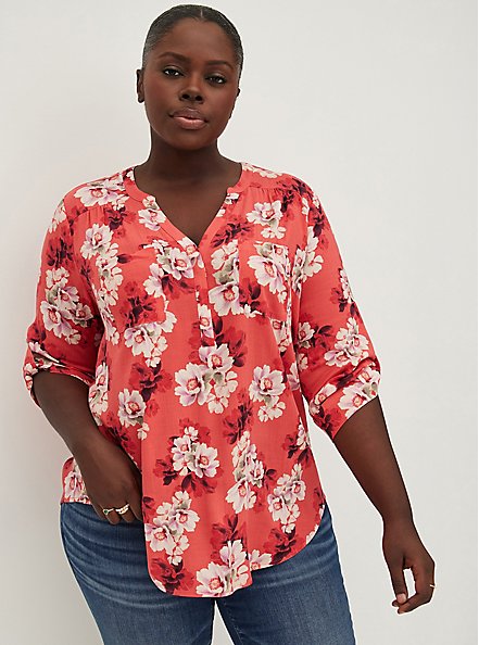 Plus Size Harper Pullover Blouse - Textured Stretch Rayon Floral Print, FLORAL - PINK, alternate