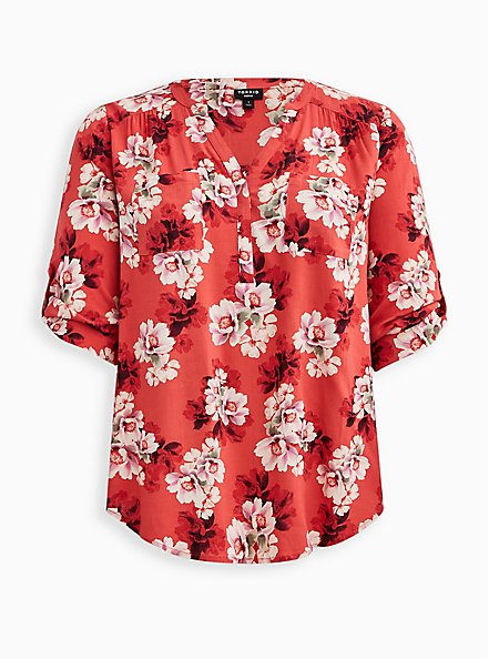 Plus Size Harper Pullover Blouse - Textured Stretch Rayon Floral Print, FLORAL - PINK, hi-res