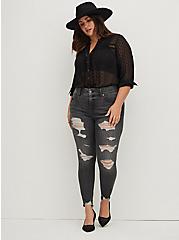 Chiffon Clip Dot With Lace Inset Top, DEEP BLACK, alternate