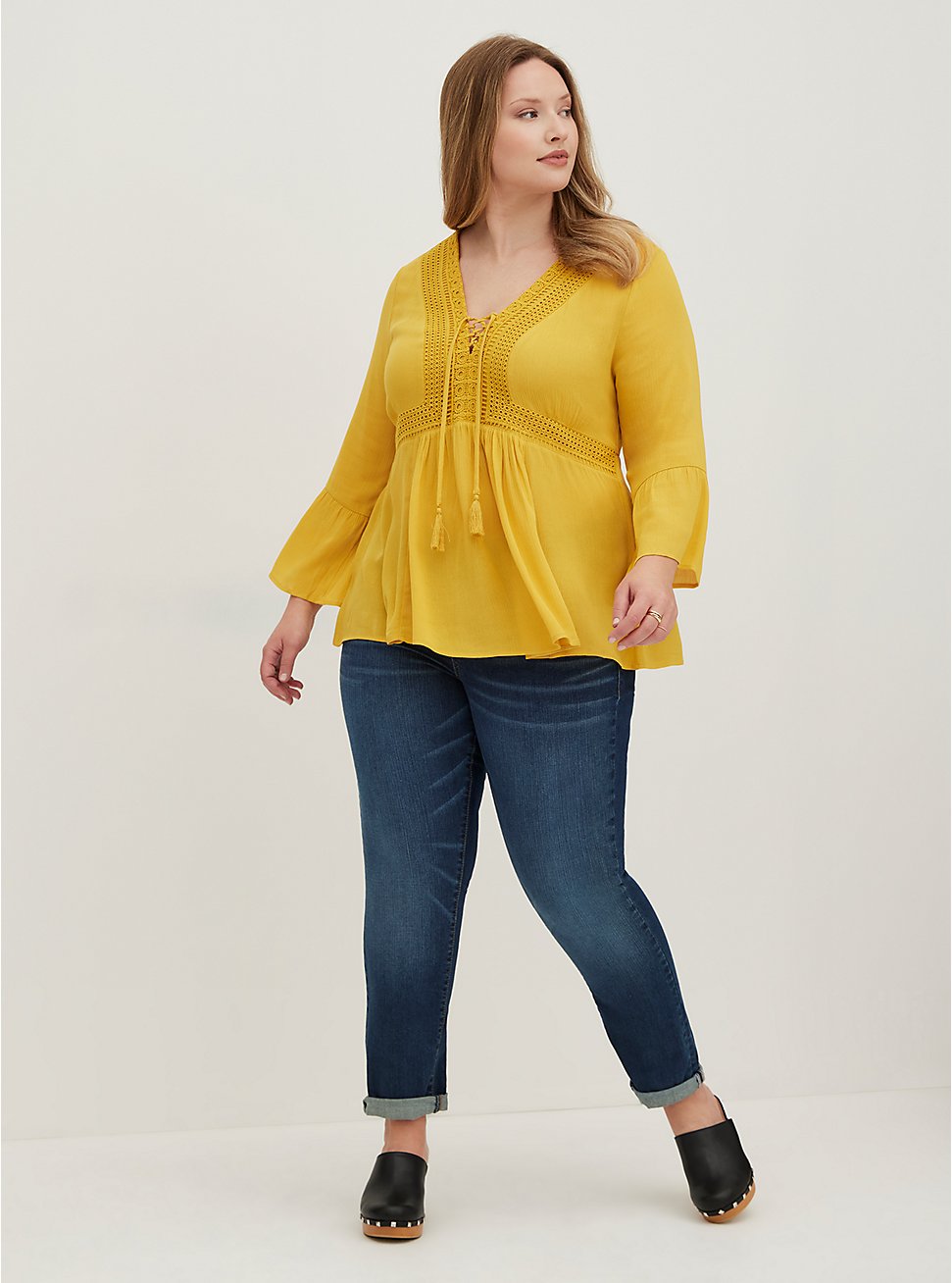 Plus Size Lace-Up Babydoll Top - Crinkle Gauze Mustard Yellow, MUSTARD, hi-res