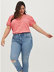 Plus Size Lace Inset Blouse - Textured Stretch Rayon Pink, PINK, alternate